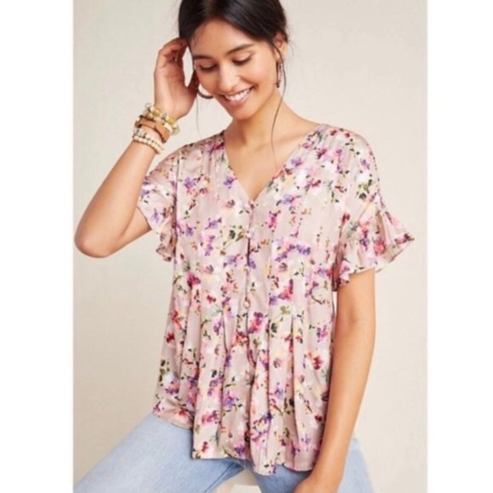 NWT! Dolan Anthropologie Floral Short Sleeve Blouse Tan Multi Color size Small